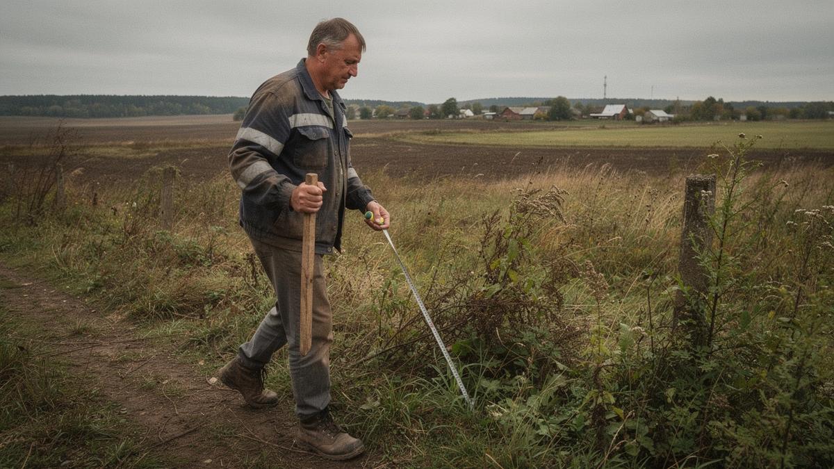 Surveyor pacing a boundary line along an overgrown country plot